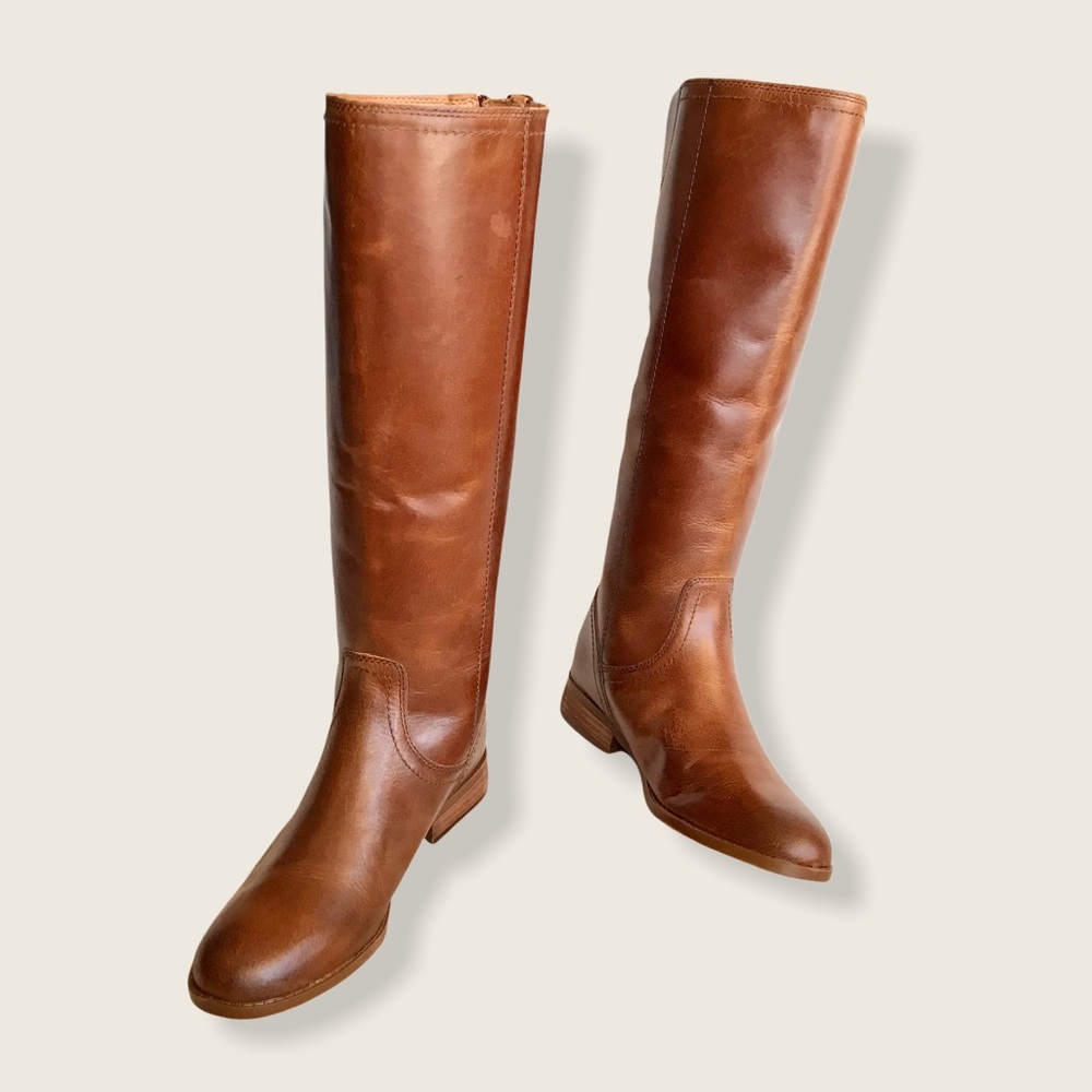 $399 Frye Jolie Back Zip Cognac Knee High Zip Up Round Toe Real Leather Boots - Picture 15 of 16